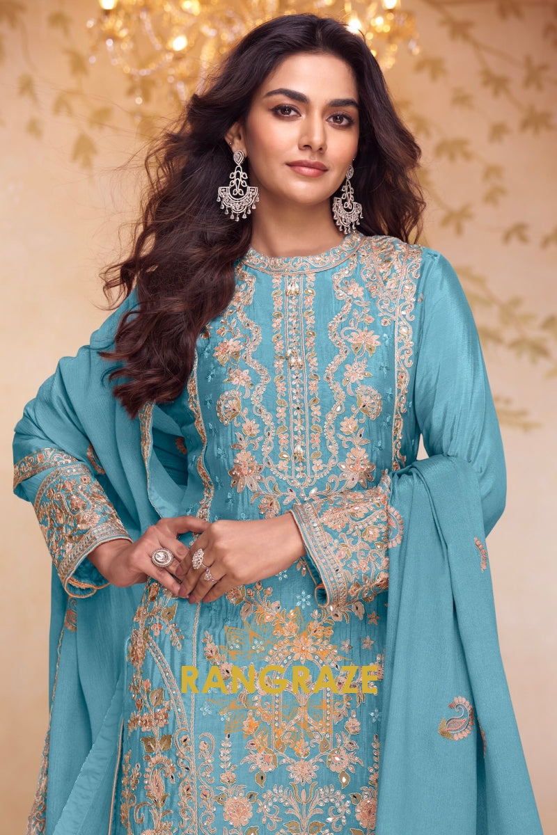 Aqua Blue Premium Chinon Designer Suit Set