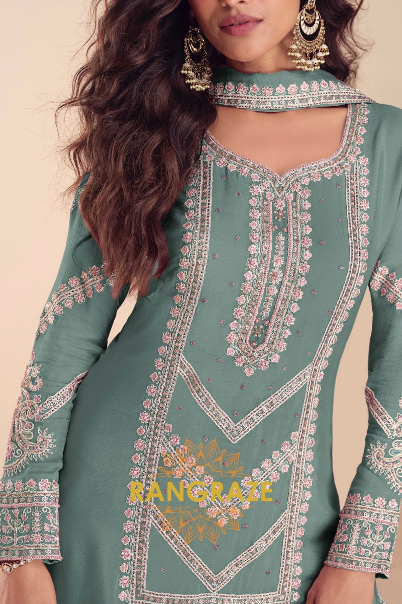 Sea Green Premium Chinon Designer Suit Set
