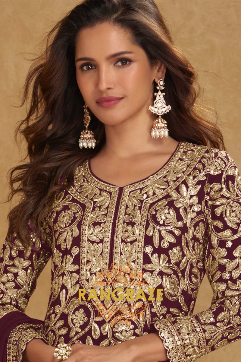 Maroon Premium Georgette Designer Suit Set