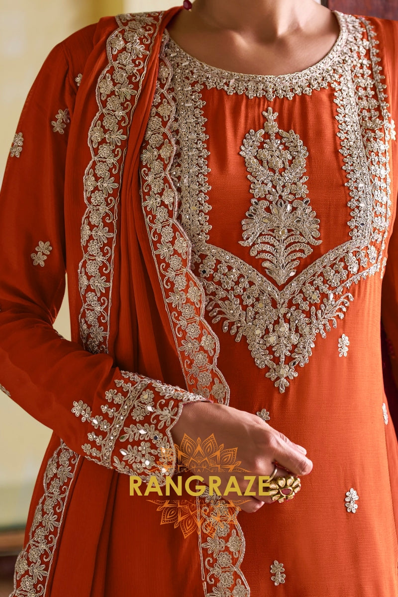 Orange Pure Chinon Embroidered Suit Set