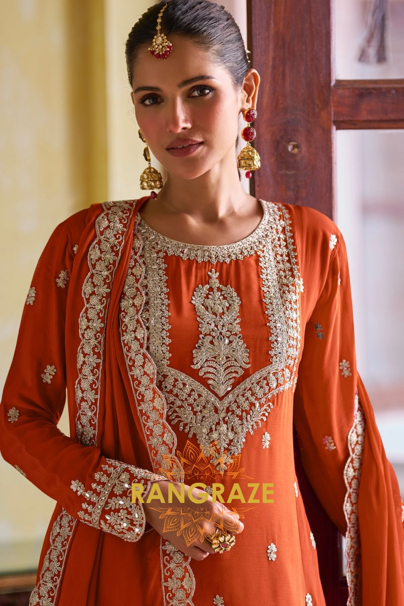 Orange Pure Chinon Embroidered Suit Set