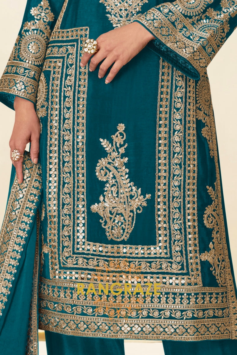 Teal Premium Chinon Designer Suit Set