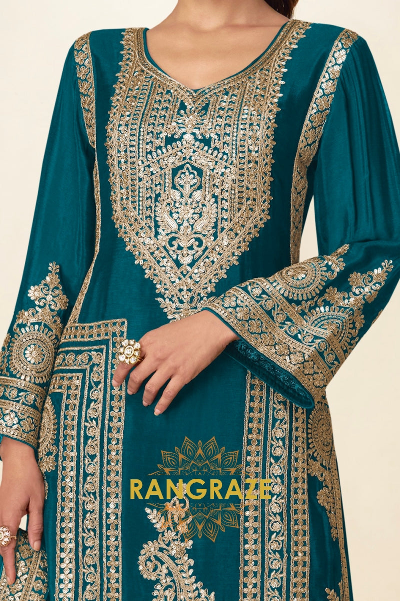Teal Premium Chinon Designer Suit Set