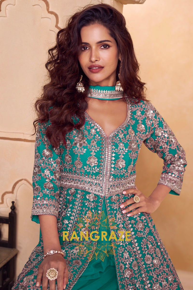 Emerald Green Premium Chinon Designer Anarkali Suit Set