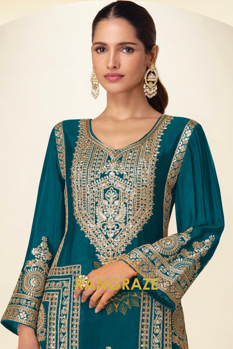 Teal Premium Chinon Designer Suit Set