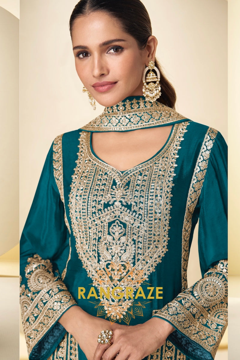 Teal Premium Chinon Designer Suit Set