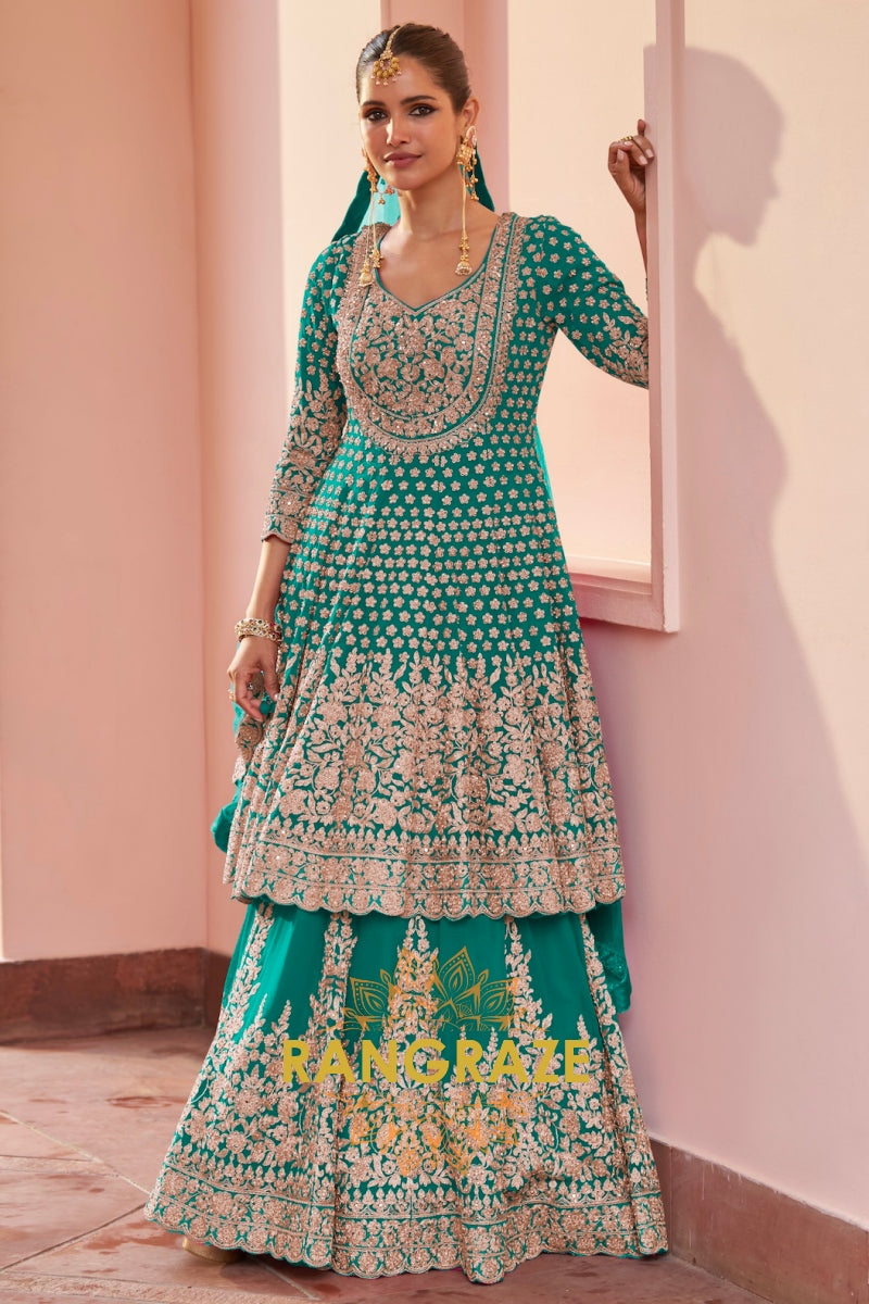 Emerald Green Premium Georgette Designer Anarkali Lehenga Suit Set