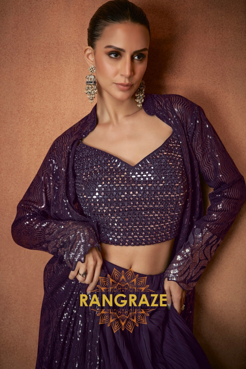 Deep Purple Premium Chinon Designer Anarkali Suit Set