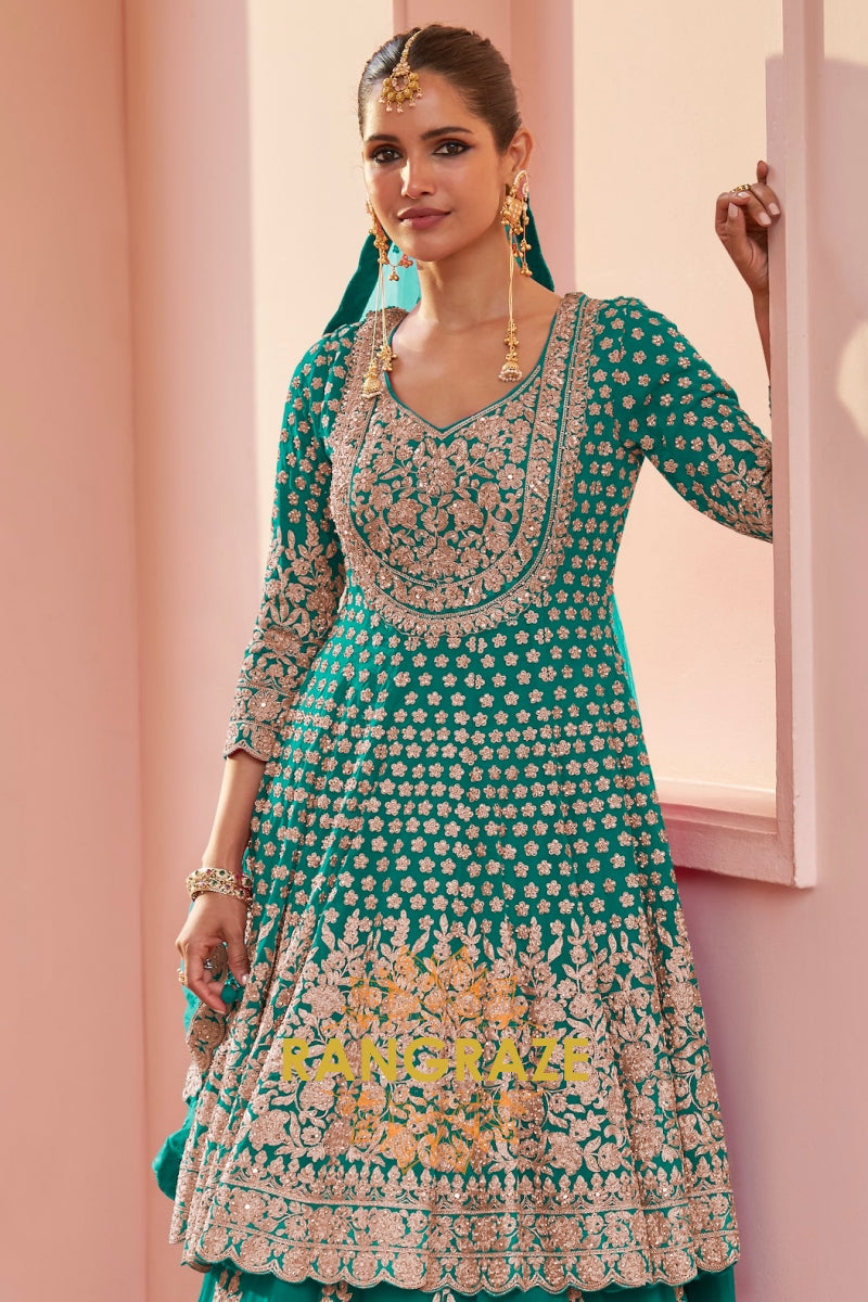 Emerald Green Premium Georgette Designer Anarkali Lehenga Suit Set