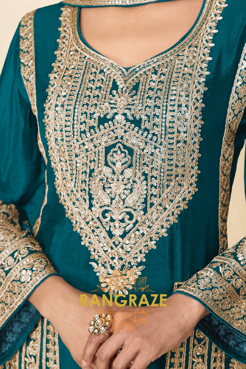 Teal Premium Chinon Designer Suit Set