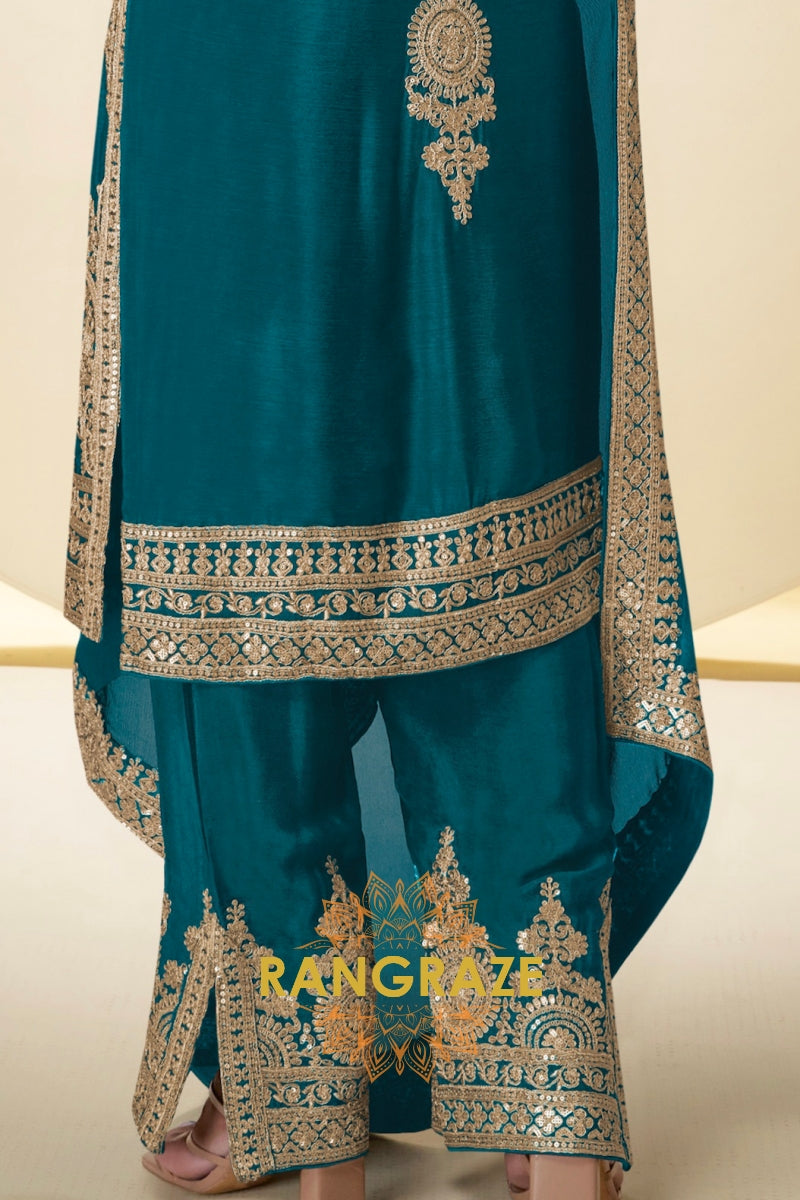 Teal Premium Chinon Designer Suit Set