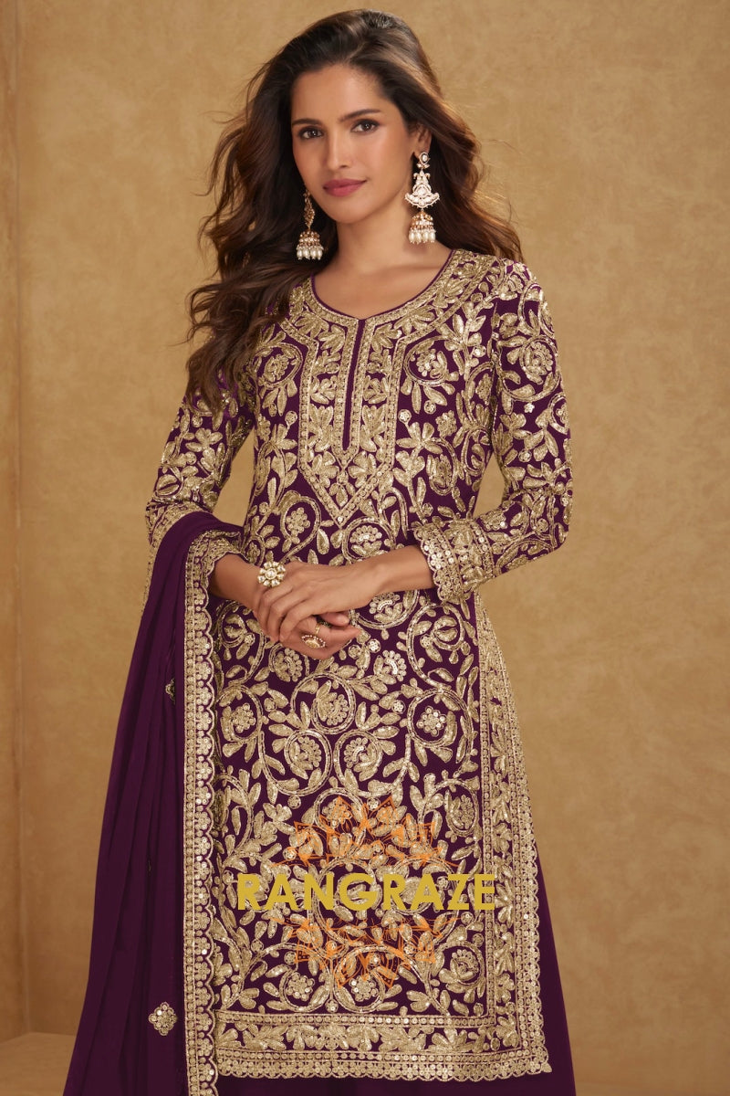 Plum Premium Georgette Designer Suit Set