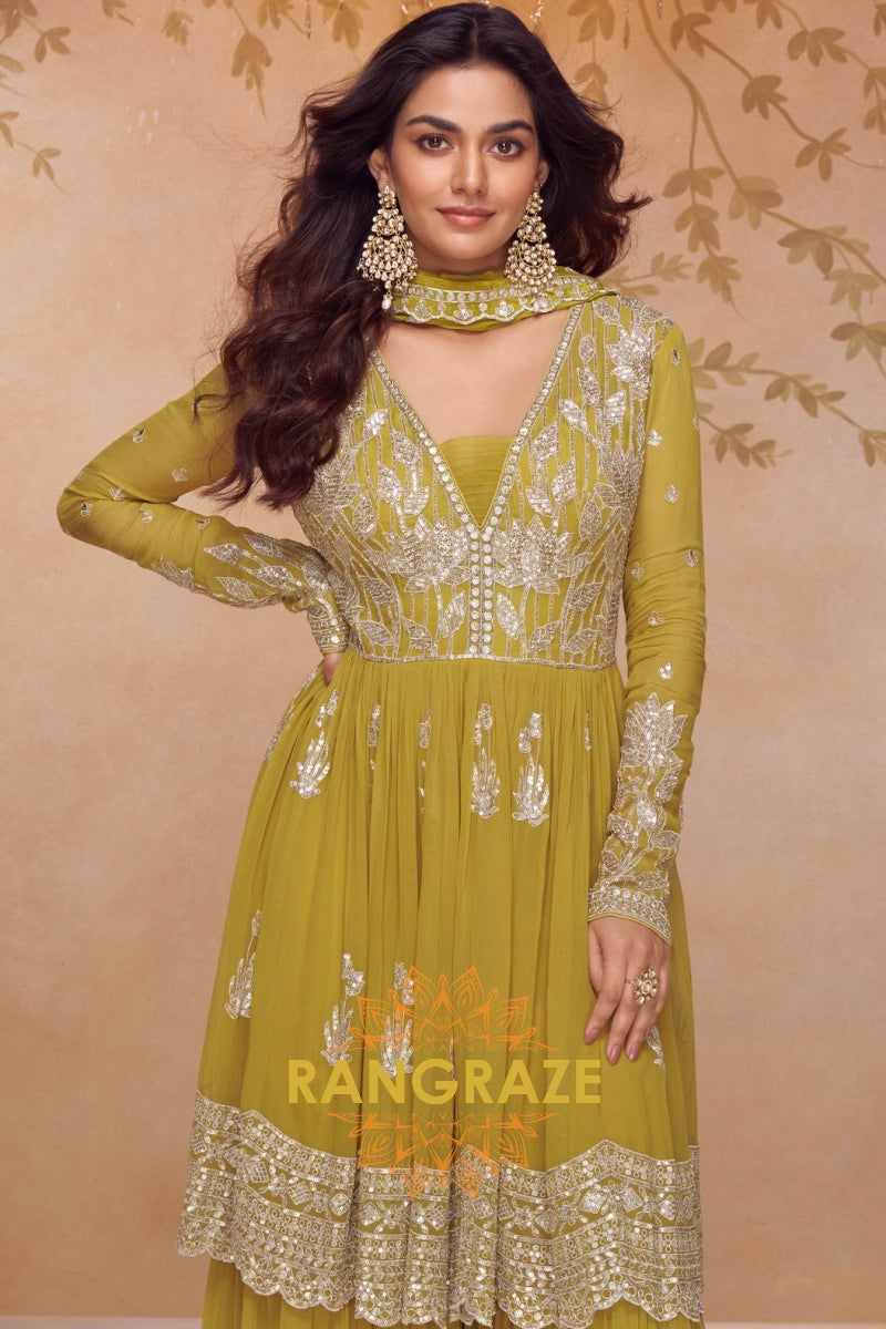 Olive Green Premium Chinon Designer Anarkali Suit Set