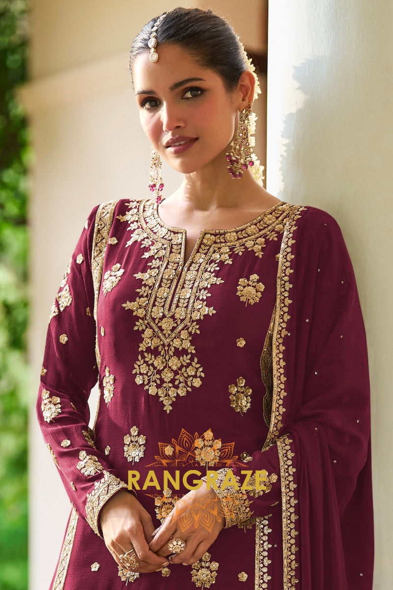 Maroon Premium Chinon Designer Suit Set