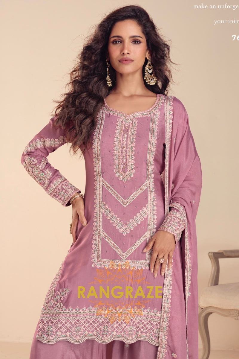 Dusty Rose Premium Chinon Designer Suit Set