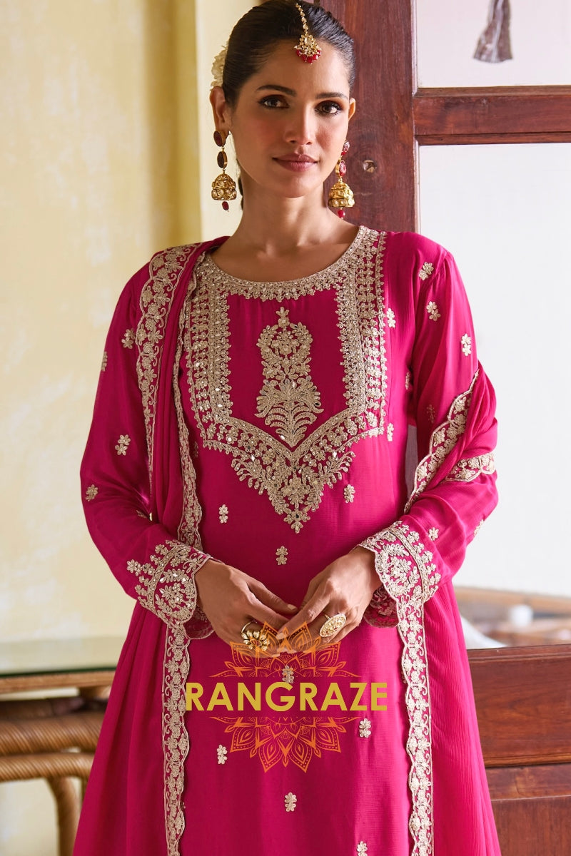 Rani Pink Designer Embroidered Pure Chinon Suit Set