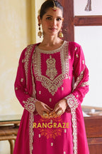 Rani Pink Designer Embroidered Pure Chinon Suit Set
