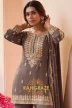 Taupe Premium Chinon Designer Embroidered Suit Set