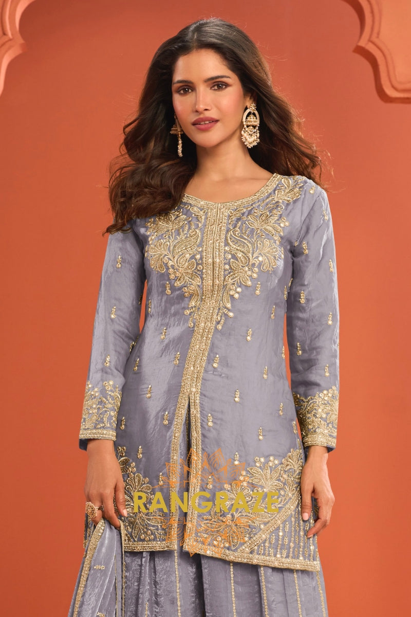 Grey Silk Designer Embroidered Suit Set