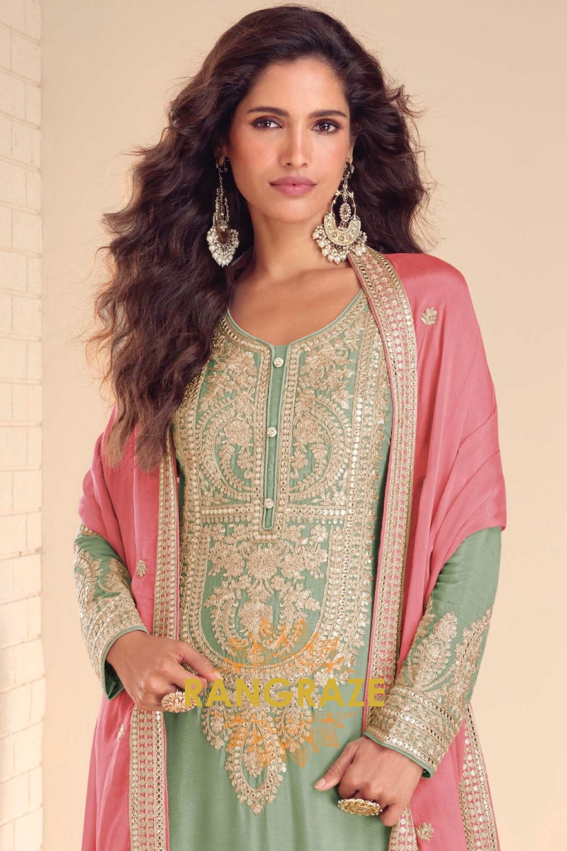 Pastel Green Premium Chinon Designer Suit Set