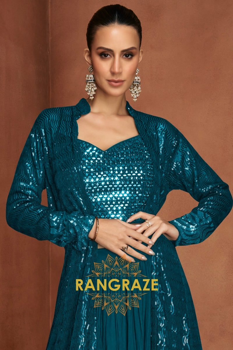 Teal Premium Chinon Designer Anarkali Suit Set