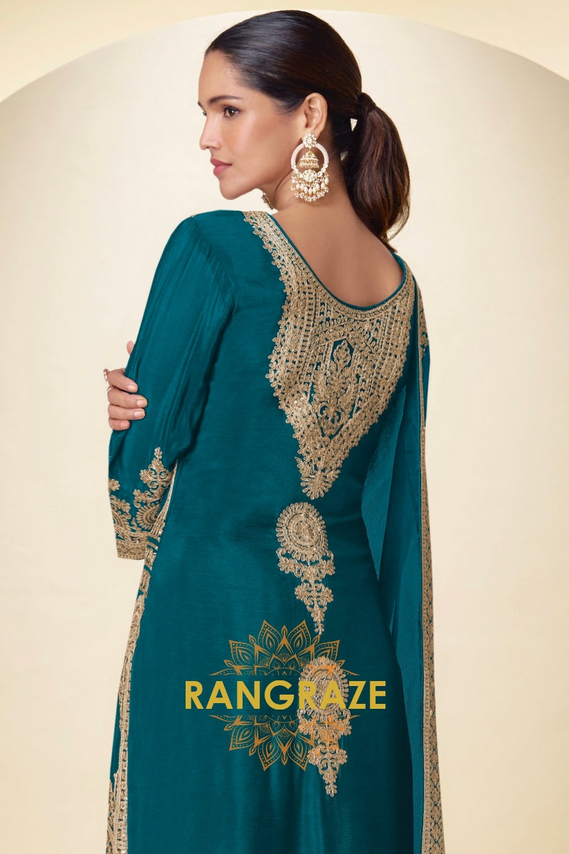 Teal Premium Chinon Designer Suit Set