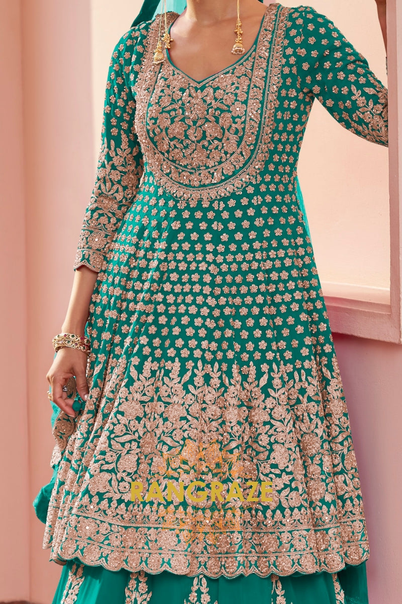 Emerald Green Premium Georgette Designer Anarkali Lehenga Suit Set