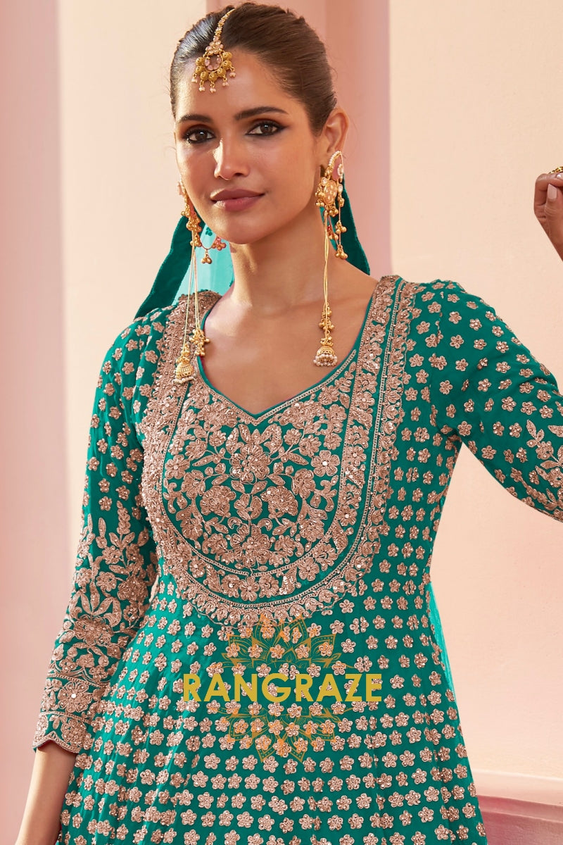 Emerald Green Premium Georgette Designer Anarkali Lehenga Suit Set