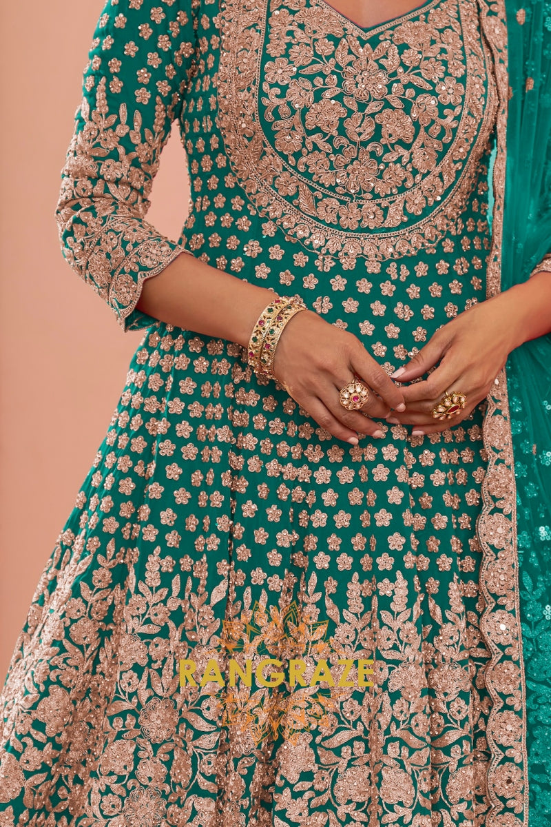 Emerald Green Premium Georgette Designer Anarkali Lehenga Suit Set