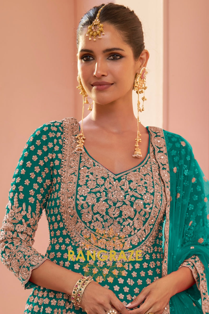 Emerald Green Premium Georgette Designer Anarkali Lehenga Suit Set