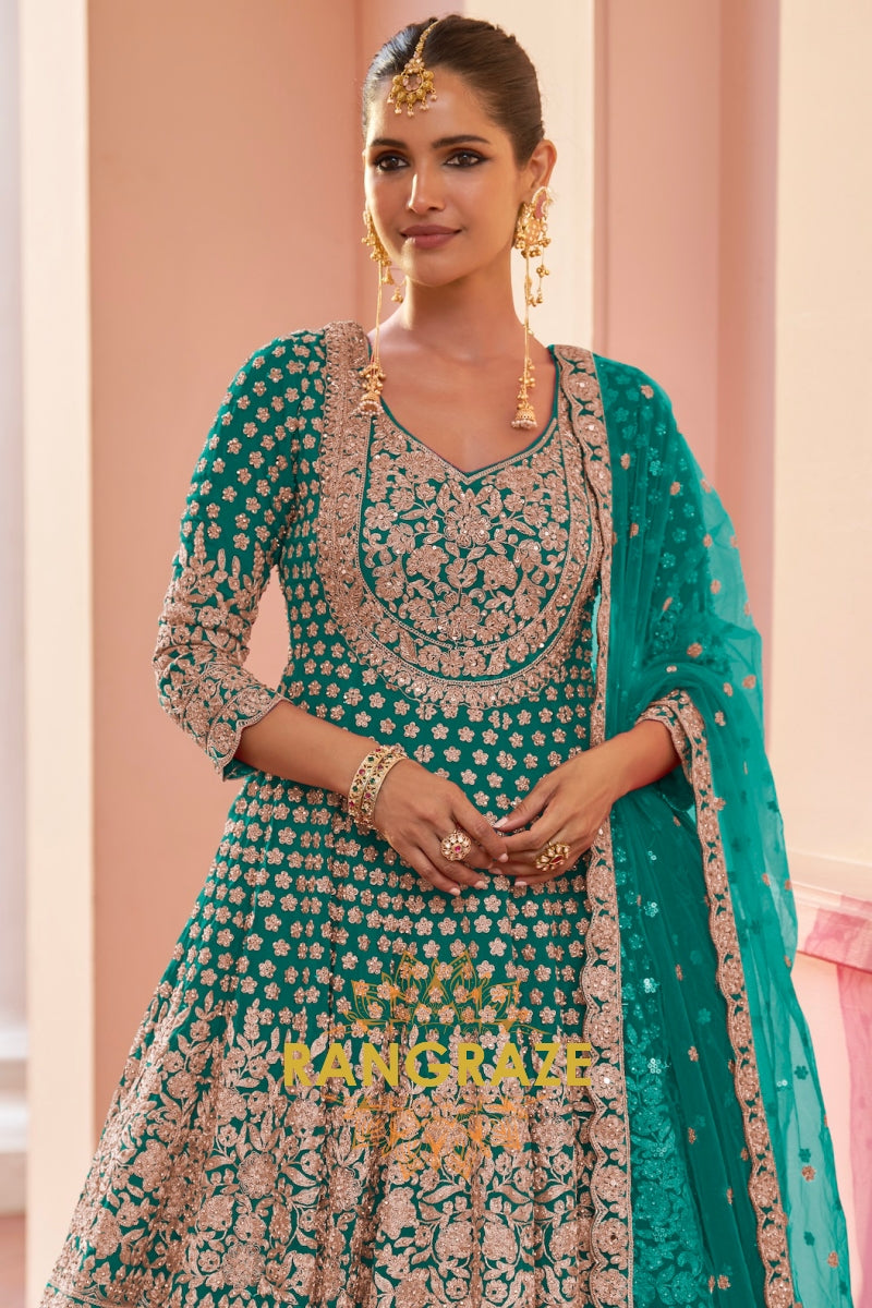 Emerald Green Premium Georgette Designer Anarkali Lehenga Suit Set