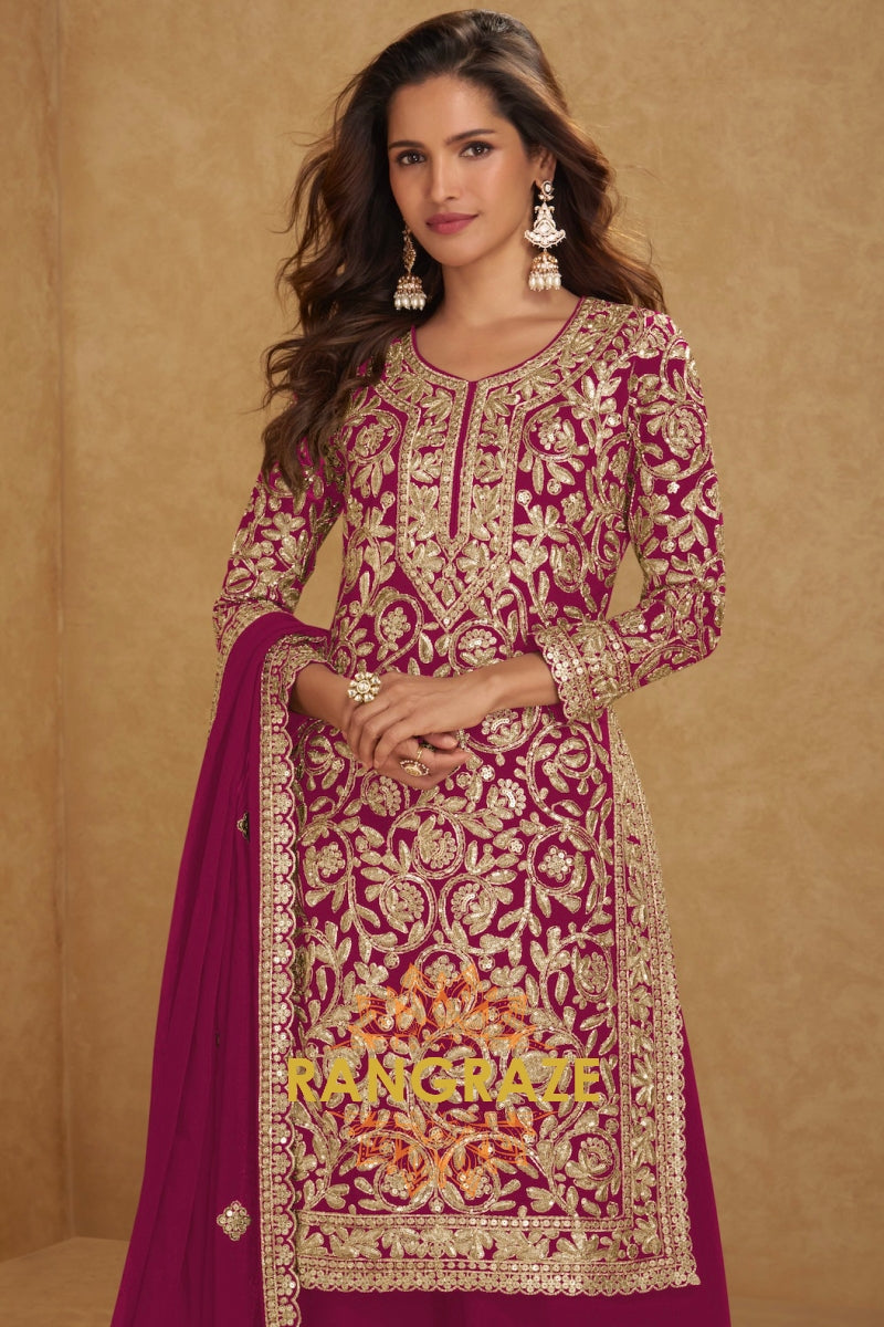 Fuchsia Premium Georgette Designer Suit Set