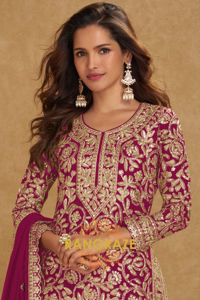 Fuchsia Premium Georgette Designer Suit Set