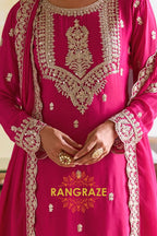 Rani Pink Designer Embroidered Pure Chinon Suit Set