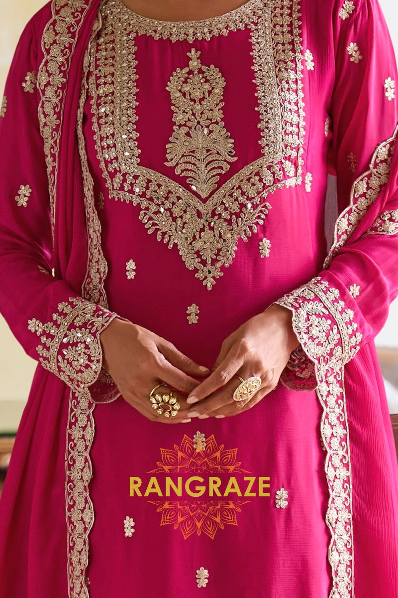 Rani Pink Designer Embroidered Pure Chinon Suit Set