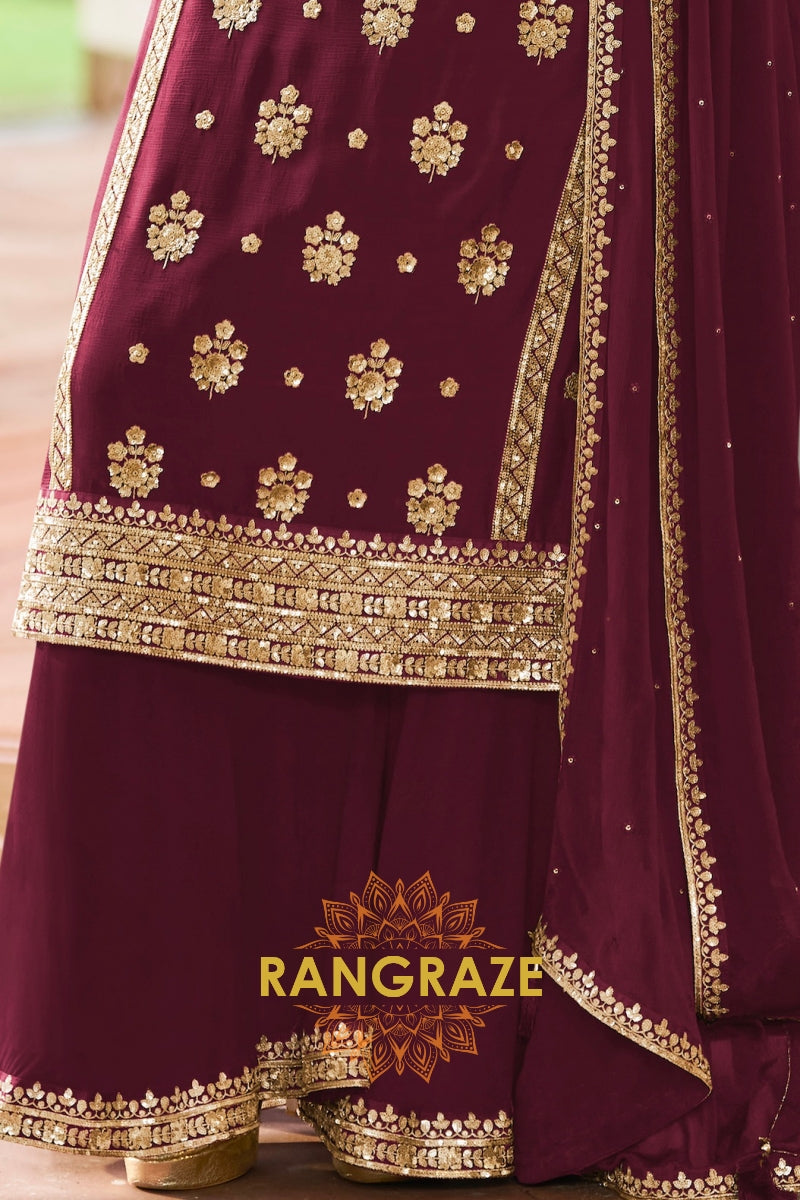 Maroon Premium Chinon Designer Suit Set
