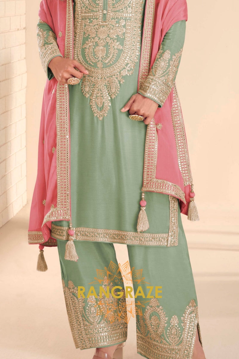 Pastel Green Premium Chinon Designer Suit Set