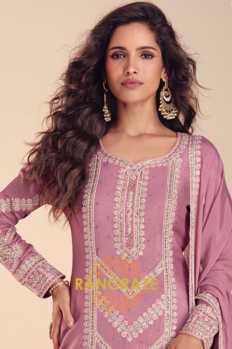Dusty Rose Premium Chinon Designer Suit Set