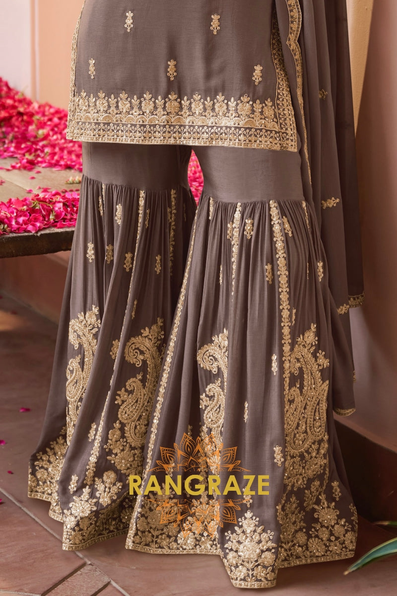 Taupe Premium Chinon Designer Embroidered Suit Set