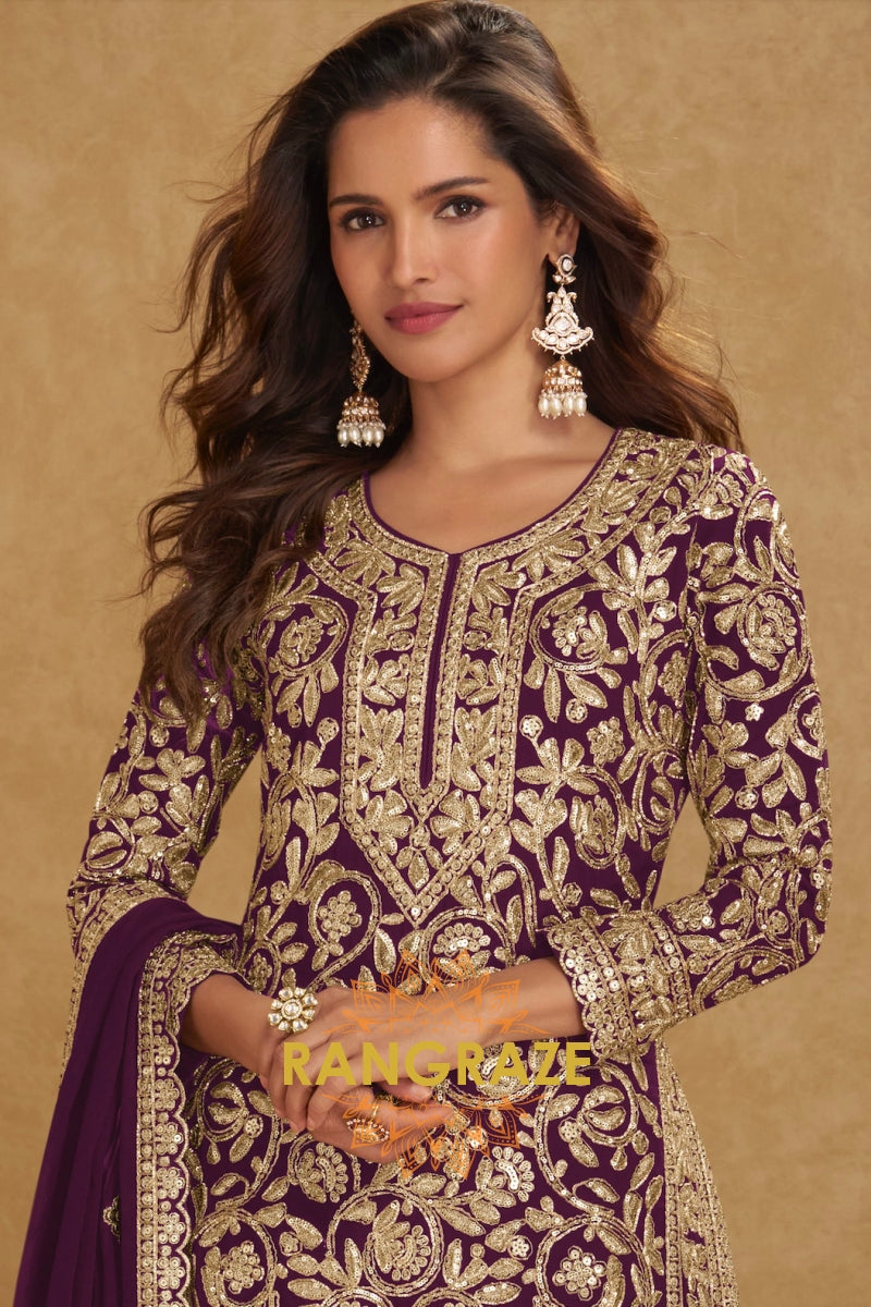 Plum Premium Georgette Designer Suit Set