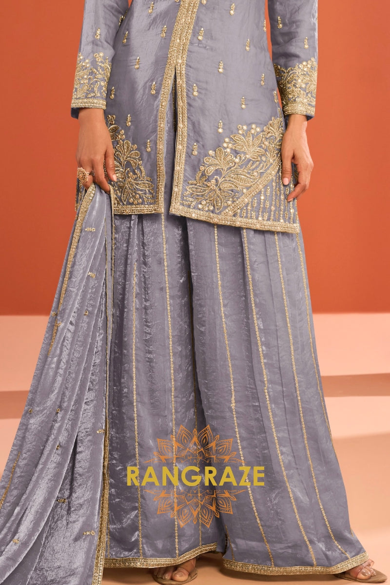 Grey Silk Designer Embroidered Suit Set