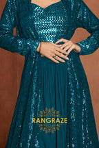 Teal Premium Chinon Designer Anarkali Suit Set