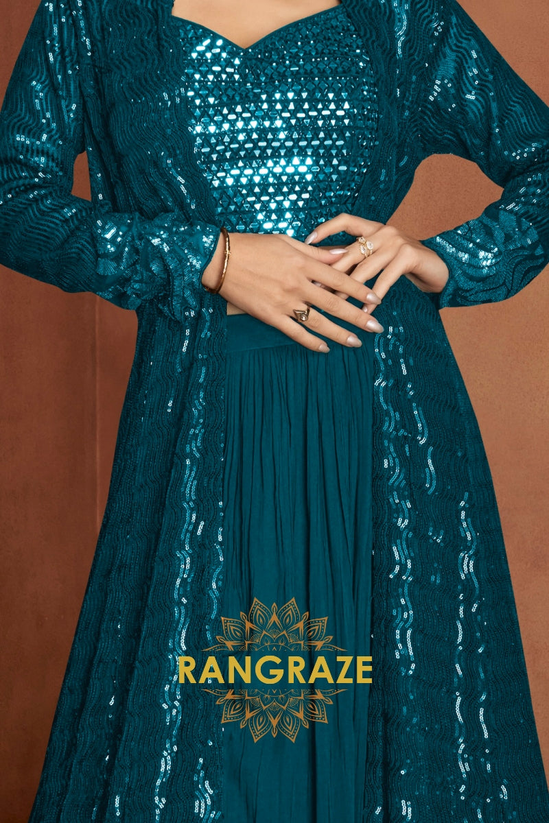 Teal Premium Chinon Designer Anarkali Suit Set