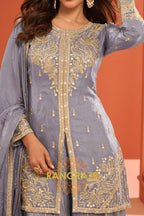 Grey Silk Designer Embroidered Suit Set