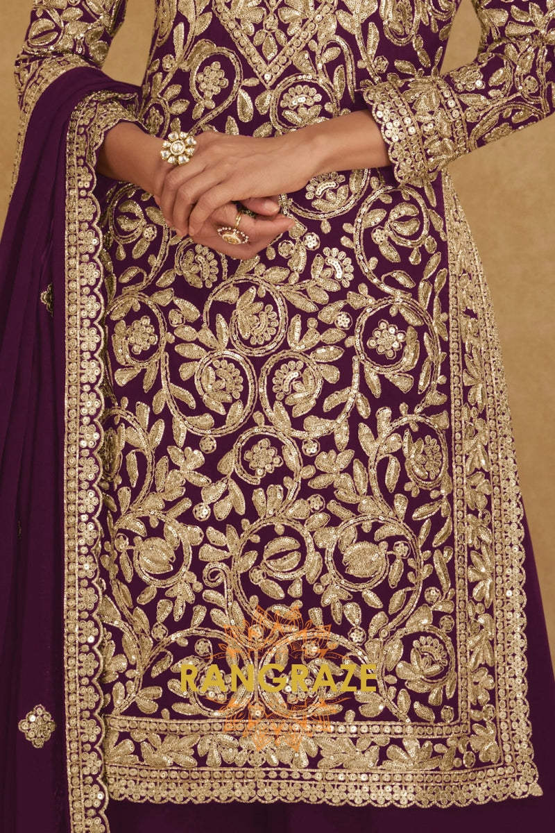 Plum Premium Georgette Designer Suit Set