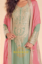 Pastel Green Premium Chinon Designer Suit Set