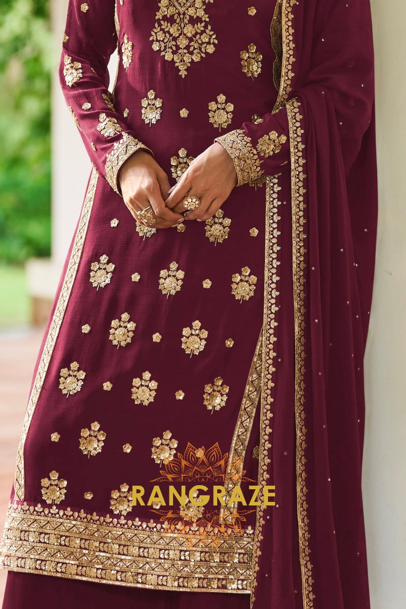 Maroon Premium Chinon Designer Suit Set