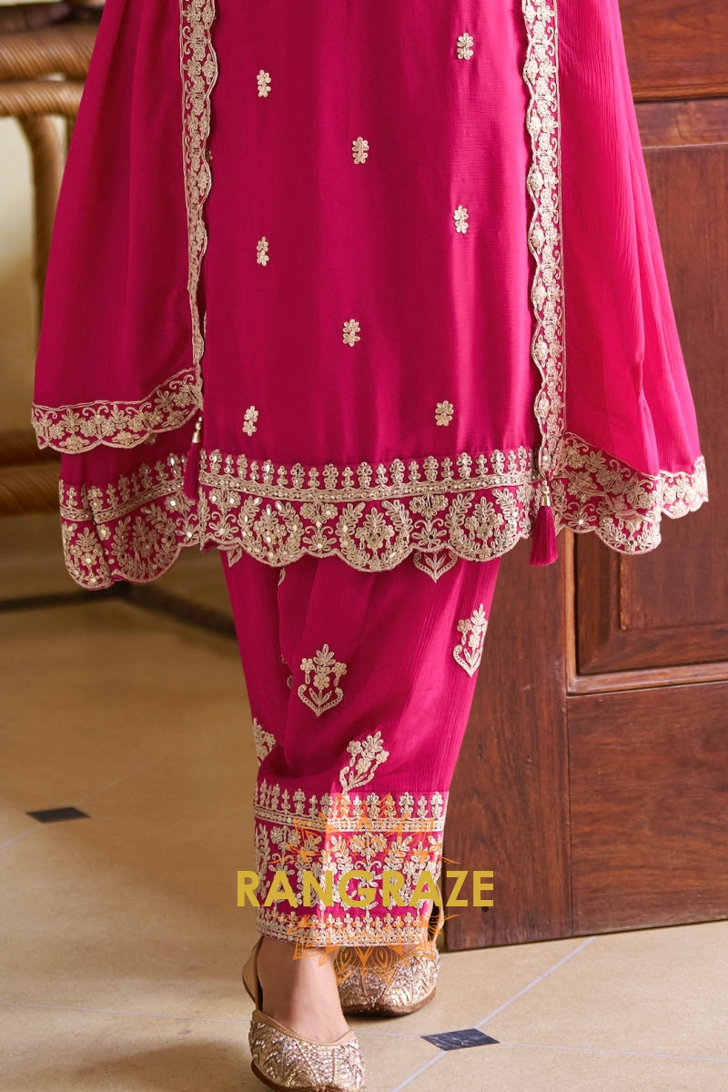 Rani Pink Designer Embroidered Pure Chinon Suit Set