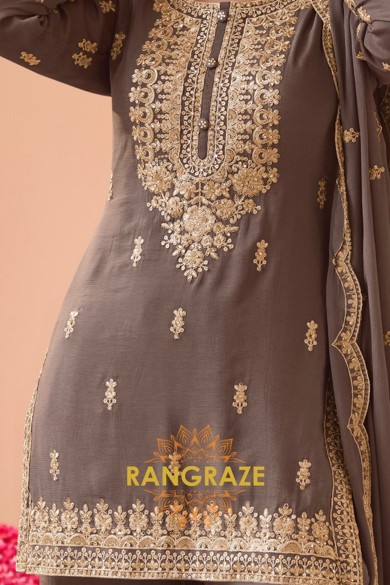 Taupe Premium Chinon Designer Embroidered Suit Set