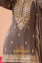 Taupe Premium Chinon Designer Embroidered Suit Set